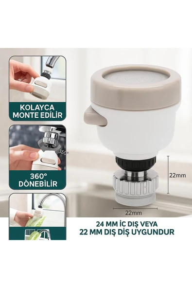 DESIPHON 360° Döner Başlıklı Mutfak Musluk Ucu – 3 Fonksiyonlu Su Tasarruflu Püskürtme Başlığı Aparatı