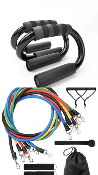 Profesyonel Şınav Spor Aleti + Profesyonel Direnç Lastiği 11 Parça Ağırlık Seti   AA176+A92