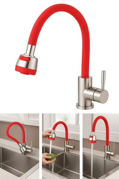 DESIPHON Kırmızı Silikonlu 2 Fonksiyonlu Kubar Musluk Başlığı – Oynar Başlık, Su Tasarrufu ve Konfor - 4