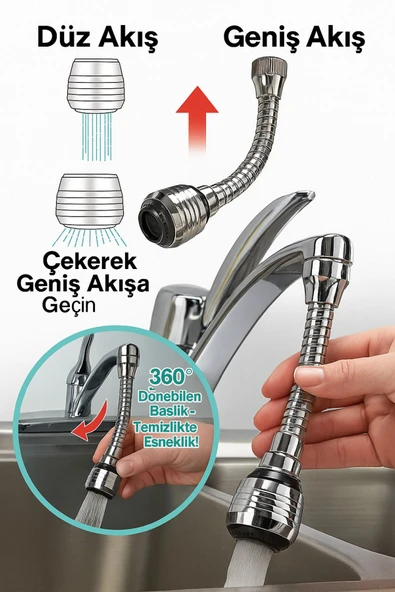 DESIPHON Turbo Flex Esnek Musluk Başlığı 2 Kademeli Ayarlı 360° Dönebilen Su Tasarruflu Başlık - 3