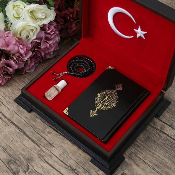 Hediyelik Ahşap Kutulu Kuran-ı Kerim (Çanta Boy 12*16) Mühürlü, Esans, Tesbihli Set - 1