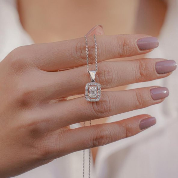 Pırlanta Tasarımlı Baget Taşlı 925 Ayar Gümüş Kadın Kolye ürün görseli 1