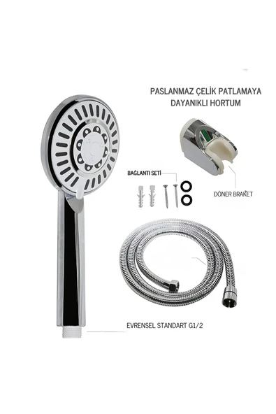 DESIPHON 5 Fonksiyonllu Günebakan Duş Seti Hortum Mafsal Ve Başlık Set Full takım