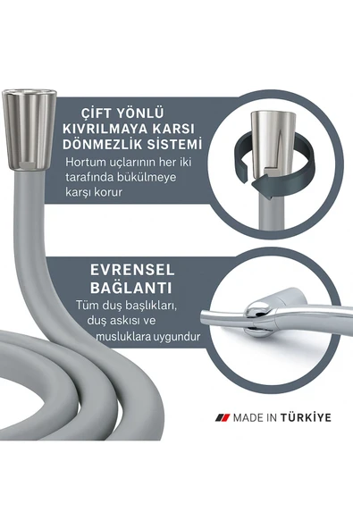 DESIPHON Dayanıklı Gri Silikon Duş Hortumu – Kırılma Karşıtı, Esnek, Sızdırmaz ve Uzun Ömürlü - 2