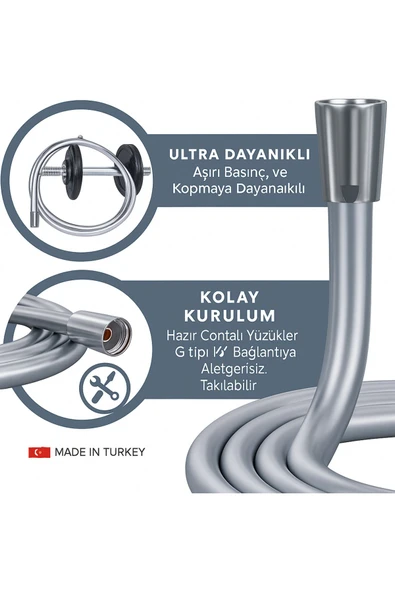 DESIPHON Dayanıklı Gri Silikon Duş Hortumu – Kırılma Karşıtı, Esnek, Sızdırmaz ve Uzun Ömürlü - 3
