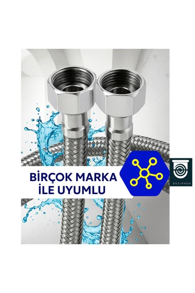 DESIPHON 70 Cm Paslanmaz Çelik Örgülü Flex Hortum  3/8x3/8 Klozet ve Taharet Musluğu Bağlantı Hortumu - 2