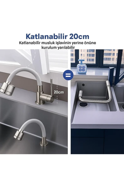 DESIPHON Gri Silikonlu 2 Fonksiyonlu Kubar Musluk Başlığı – 360° Oynar Başlık, Su Tasarruflu Tasarım - 6
