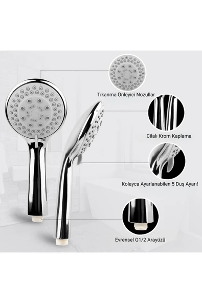 DESIPHON 5 Fonksiyonlu Lüx Duş Seti Hortum Mafsal Ve Başlık Set Full takım - 3