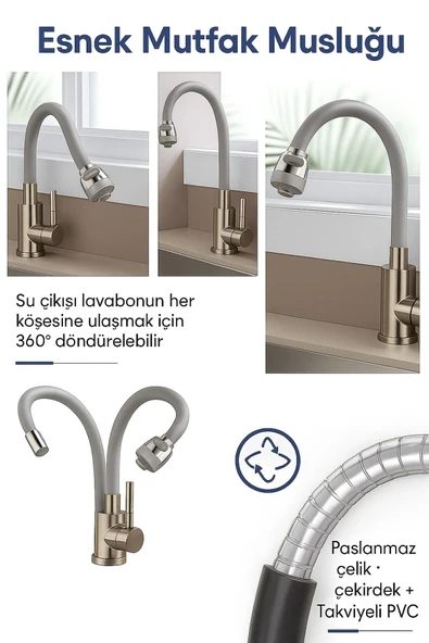 DESIPHON Gri Silikonlu 2 Fonksiyonlu Kubar Musluk Başlığı – 360° Oynar Başlık, Su Tasarruflu Tasarım - 4