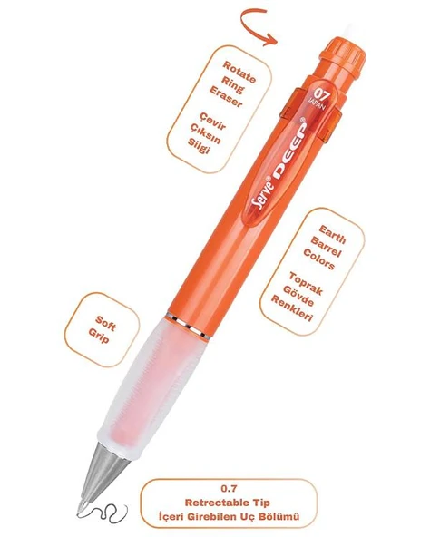 Serve Deep Mekanik Kurşun Kalem 07mm Grip ve Silgi Yedekli Set Kiremit - 3