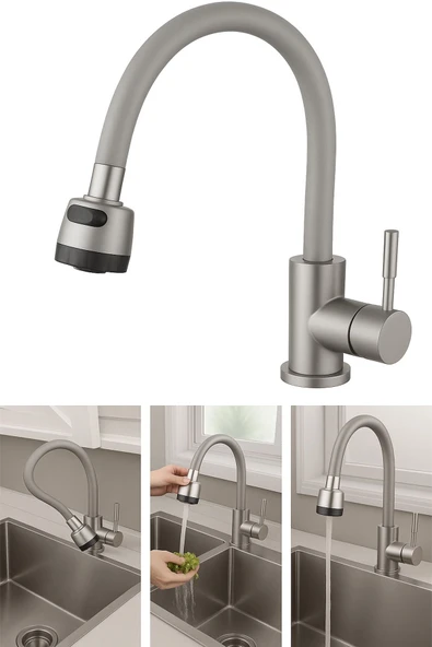 DESIPHON Gri Silikonlu 2 Fonksiyonlu Kubar Musluk Başlığı – 360° Oynar Başlık, Su Tasarruflu Tasarım - 3