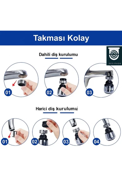 DESIPHON Krom 2 Fonksiyonlu Mutfak Lavabo Başlığı 360° Döner Su Tasarruflu Musluk Ucu Aparatı - 5