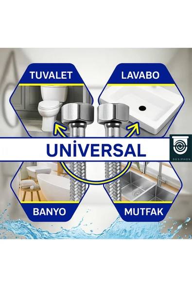 DESIPHON 50 Cm Paslanmaz Çelik Örgülü Flex Hortum – 3/8"x3/8" Klozet & Taharet Musluğu Bağlantı Hortumu - 5