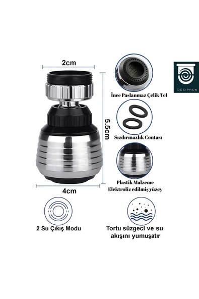 DESIPHON Krom 2 Fonksiyonlu Mutfak Lavabo Başlığı 360° Döner Su Tasarruflu Musluk Ucu Aparatı - 6