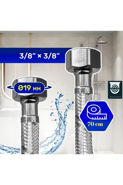DESIPHON 70 Cm Paslanmaz Çelik Örgülü Flex Hortum  3/8x3/8 Klozet ve Taharet Musluğu Bağlantı Hortumu - 4