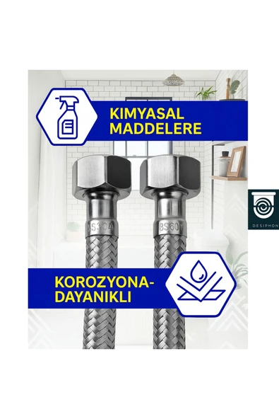 DESIPHON 50 Cm Paslanmaz Çelik Örgülü Flex Hortum – 3/8"x3/8" Klozet & Taharet Musluğu Bağlantı Hortumu - 3