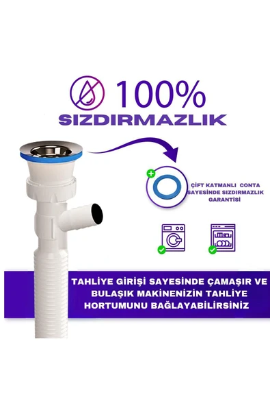 GÜÇLÜ Güçlü Plastik Çamaşır Makinesi Girişli Körüklü Lavabo Sifonu - 3