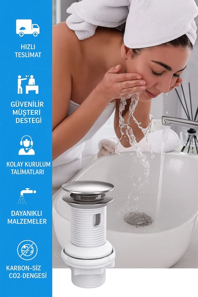 DESIPHON Pop-Up Lavabo Sifonu Taşmalı Paslanmaz Metal Başlık, Plastik Gövde, Kolay Montaj - 7