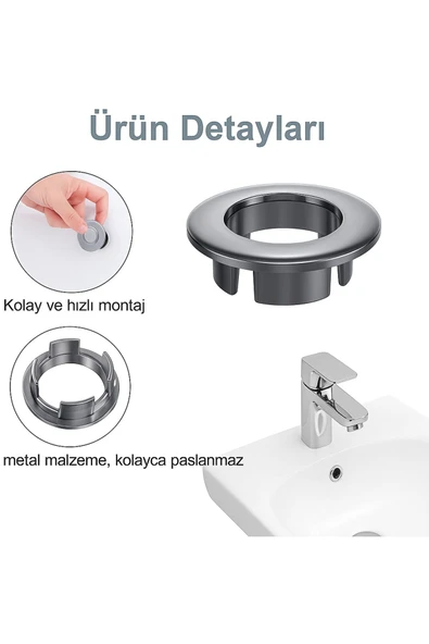 DESIPHON Parlak Krom Görünümlü Lavabo Taşma Yüzüğü Dayanıklı Metal Evye Taşma Halkası 2 Adet - 6