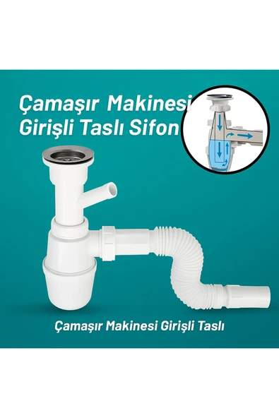 DESIPHON Çamaşır Makinesi Girişli Koku Önleyici Taslı Körüklü Sifon Dayanıklı & Uzun Ömürlü - 6