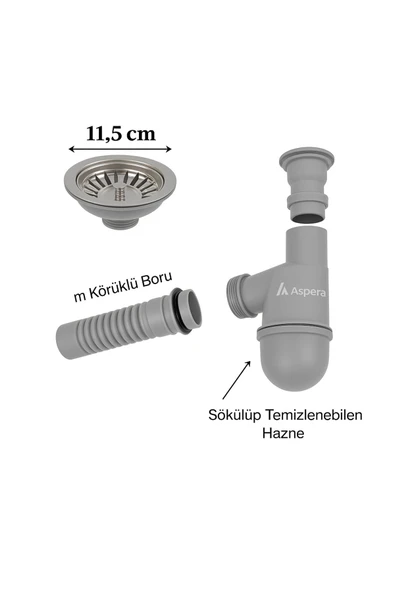 DESIPHON TASLI Çöpmak Evye Sifonu Gri Renk, Koku Önleyici, Temizlenebilir ve Şık Lavabo Altı Kovası - 2
