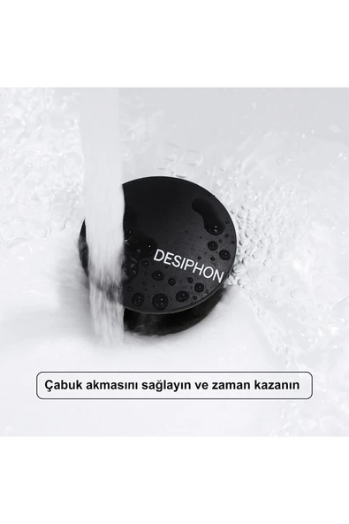 DESIPHON Mat Siyah Pop-Up Lavabo Gider Seti Porselen Başlık + Körüklü Boru + Taşma Yüzüğü + Adaptör Conta - 2