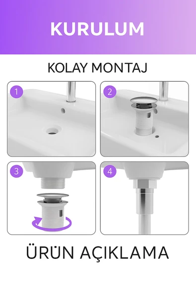 DESIPHON Pop-Up Lavabo Sifonu Taşmalı Paslanmaz Metal Başlık, Plastik Gövde, Kolay Montaj - 4