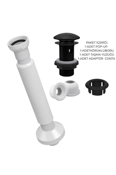 DESIPHON Mat Siyah Pop-Up Lavabo Gider Seti Porselen Başlık + Körüklü Boru + Taşma Yüzüğü + Adaptör Conta