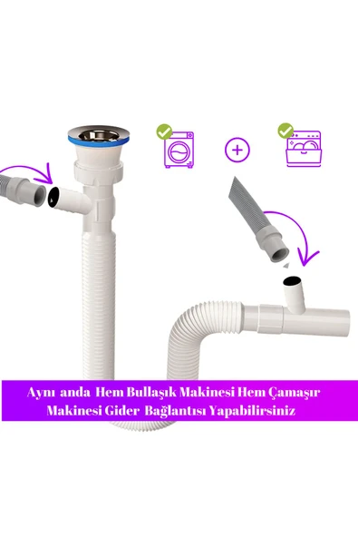 DESIPHON Çift Çamaşır ve Bulaşık  Makinesi için Körüklü Lavabo Sifonu(Çift Girişli )