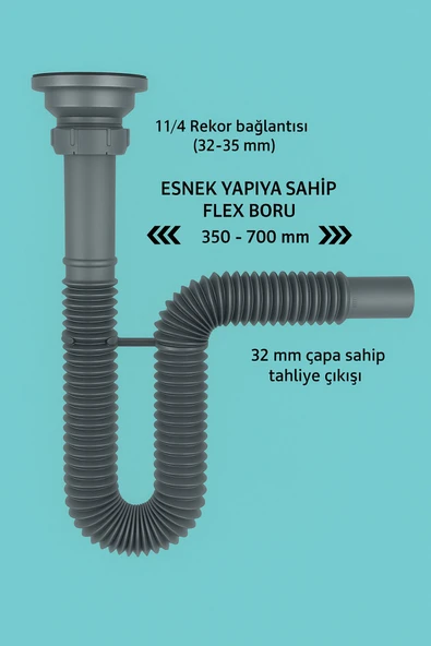 DESIPHON Gri Körüklü Lavabo Sifon Seti Adaptör Conta + Sifon Kelepçesi Dahil 3’lü Takım - 2