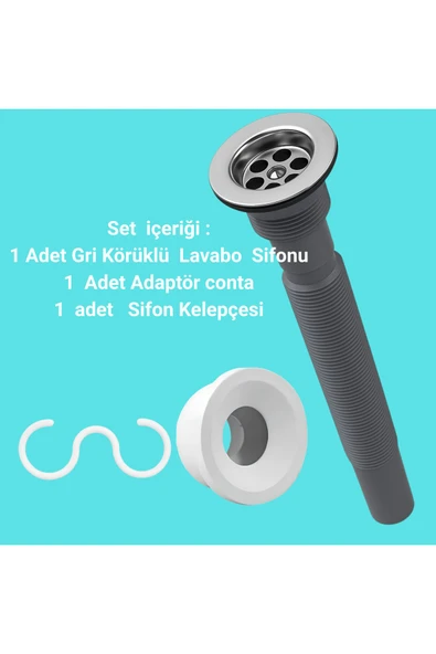 DESIPHON Gri Körüklü Lavabo Sifon Seti Adaptör Conta + Sifon Kelepçesi Dahil 3’lü Takım