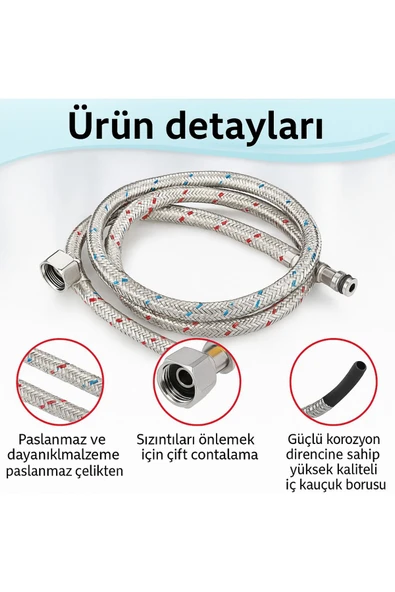 DESIPHON 2li Set 50 cm Paslanmaz Çelik Batarya Flex Hortumu Sızdırmaz, Koku Yapmaz, Dayanıklı - 3