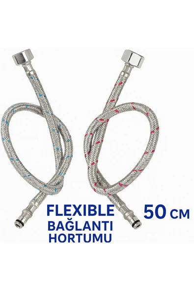 DESIPHON 2li Set 50 cm Paslanmaz Çelik Batarya Flex Hortumu Sızdırmaz, Koku Yapmaz, Dayanıklı