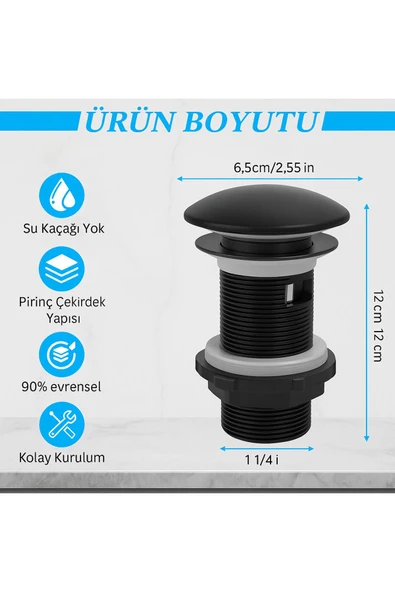 DESIPHON Mat Siyah Pop-Up Lavabo Gider Seti Porselen Başlık + Körüklü Boru + Taşma Yüzüğü + Adaptör Conta - 4