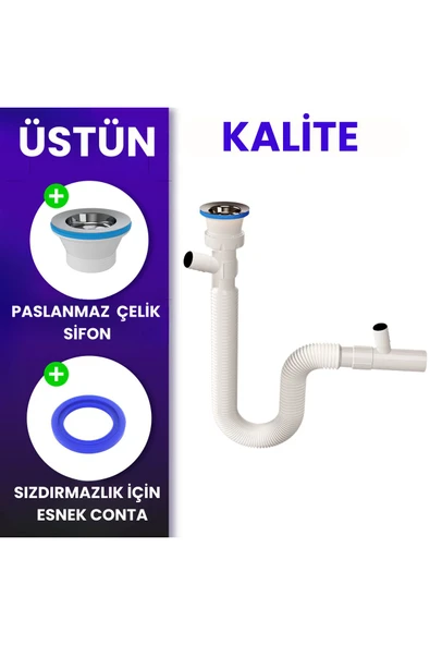 DESIPHON Çift Çamaşır ve Bulaşık  Makinesi için Körüklü Lavabo Sifonu(Çift Girişli ) - 4