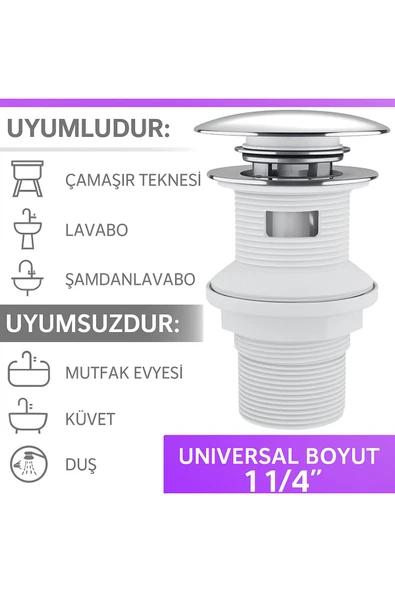 DESIPHON Pop-Up Lavabo Sifonu Taşmalı Paslanmaz Metal Başlık, Plastik Gövde, Kolay Montaj - 6