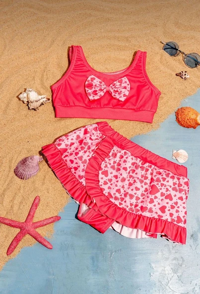 Üst Fiyonk Alt Fırfır Etek Detaylı Kız Çocuk Mayo Bikini Takımı