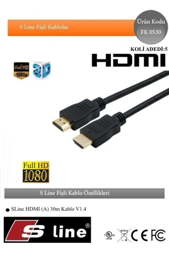 S-LINE FK0530 HDMI KABLO 30 METRE AMFİ BESLEMELİ TÜM BÖLÜCÜ VE SWITCHLERE UYUMLU HDMI KABLO