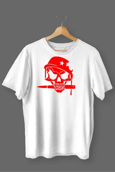 DesingONB  Kurukafa Baskılı Pamuklu Likralı T-shirt (Kırmızı Desenli Beyaz  XL