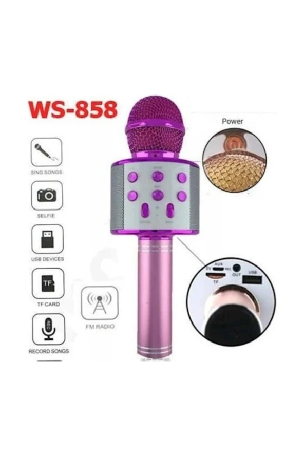 Karaoke Mikrofon Bluetooth Hoparlör Aux Usb Mikro Sd Kart Girişli Pembe Wster Ws-858 - 2