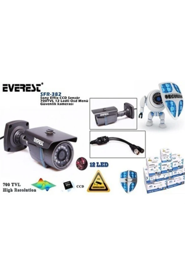 Güvenlik Kamerası CCD Sensör 700TVL 12 Ledli 3.6mm Lens Osd Menü Kamera Everest SFR-382 - 3
