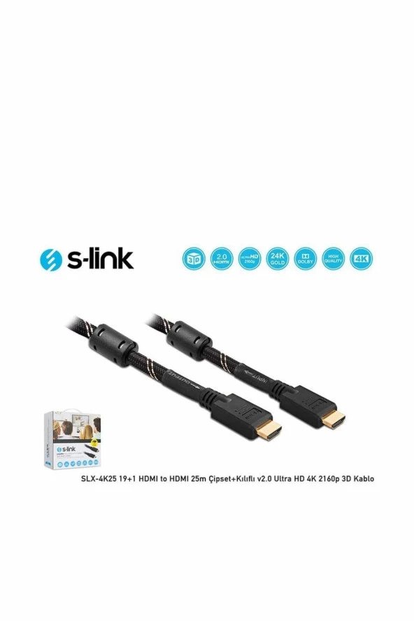 Hdmı To Hdmı 25M Çipset+Kılıflı V2.0 Ultra Hd 4K 2160P 3D Kablo S-Link 19+1 Slx-4K25