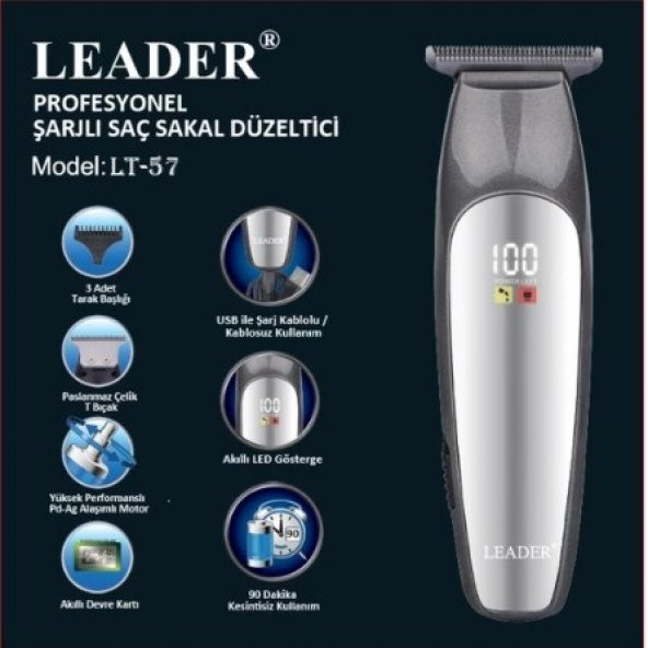 TIRAŞ MAKİNESİ SAÇ VE SAKAL DÜZELTİCİ TIRAŞ MAKİNESİ LED GÖSTERGELİ+USB ŞARJLI LEADER LT-57