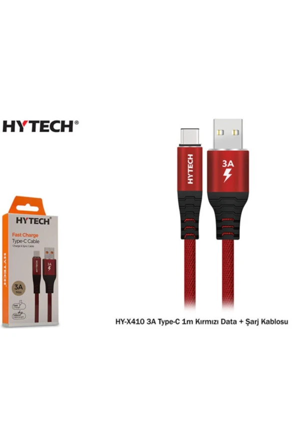 TELEFON ŞARJ ALETİ 3A 5V TYPE-C 1M DATA/ŞARJ KABLOSU KIRMIZI HYTECH HY-X410