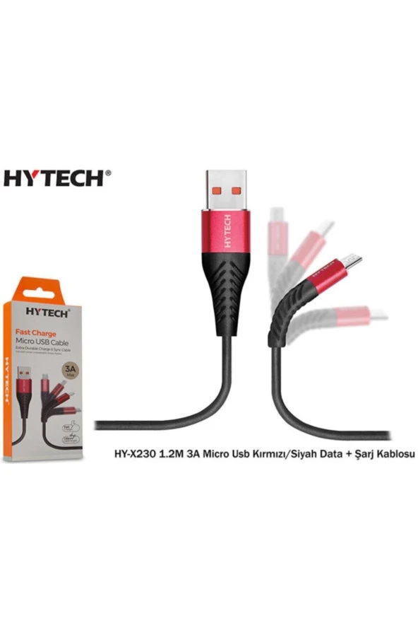 TELEFON ŞARJ CİHAZI 1.2M 3A 15W MİCRO USB DATA/ŞARJ KABLOSU KIRMIZI/SİYAH Hytech HY-X230 ürün görseli