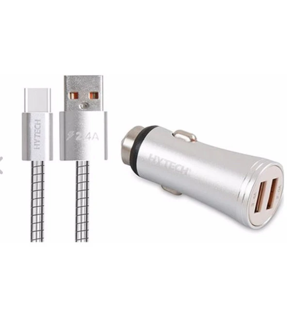 Hytech HY-X62 Araç Şarj Cihazı 3.4A Hızlı Şarj Micro USB Metal Korumalı Kablolu 2 USB Gümüş Metal