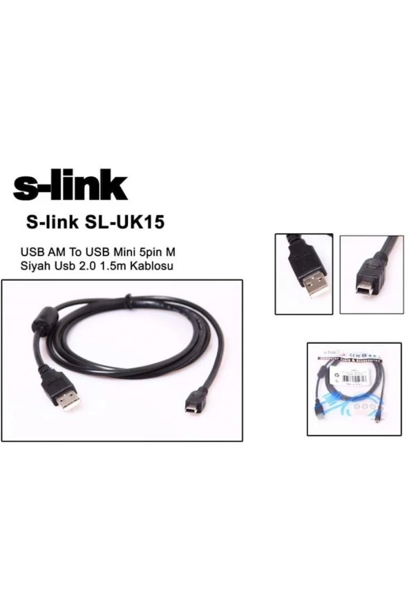 5 Pin Usb To Mini Usb M Siyah USB 2.0 1.5m Kablo S-Link SL-UK15