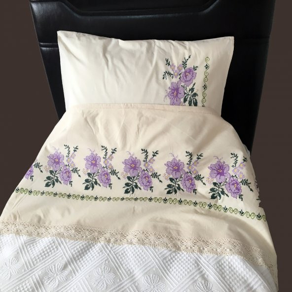Kanaviçe İşlemeli Tek Kişilik Pike Takımı Mor 100 Pamuk 160 cm X 220 cm Mor - 4