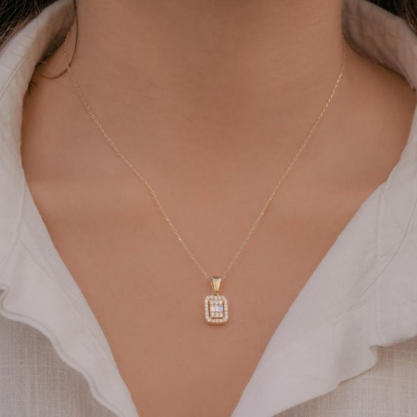 Baget Taşlı Altın Kaplama 925 Ayar Gümüş Kadın Kolye - Resim 2