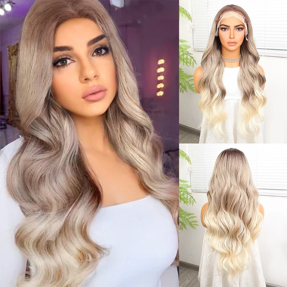 Kumral Platin Ombre  ve Röfleli Fiber Sentetik Geniş Dalgalı Tül Peruk ürün görseli